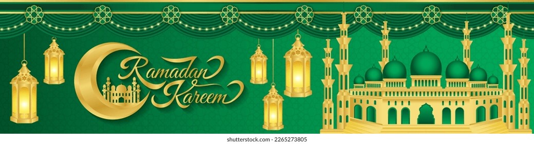 Islamic ornament template for background, horizontal banner, poster, cover design, social media feed, stories. Ramadan Kareem and eid mubarak 2023 concept