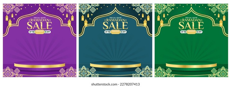 Islamic ornament template for background, sale, product photo, banner, poster, cover design, envelope, social media feed. Ramadan Kareem and eid mubarak 2023 greeting concept with podium 