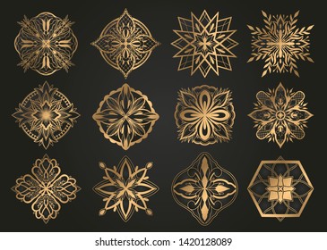 Islamic ornament vector gold design,persian motif.Gold graphic color in black backgroundRamadan islamic round pattern elements . Geometric template set. Circular ornamental arabic symbols.Arabic symbo
