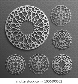 Islamic ornament vector , persian motiff . 3d ramadan islamic round pattern elements . Geometric logo template set. Circular ornamental arabic symbols .