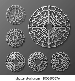 Islamic ornament vector , persian motiff . 3d ramadan islamic round pattern elements . Geometric logo template set. Circular ornamental arabic symbols .