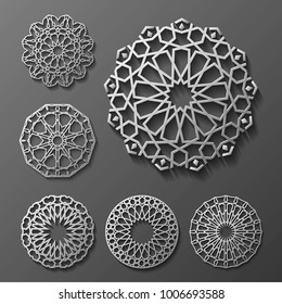 Islamic ornament vector , persian motiff . 3d ramadan islamic round pattern elements . Geometric logo template set. Circular ornamental arabic symbols .
