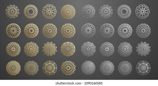 Islamic ornament vector , persian motiff . 3d ramadan islamic round pattern elements . Geometric logo template set. Circular ornamental arabic symbols .