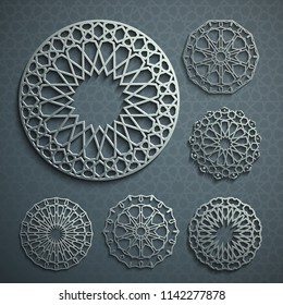 Islamic ornament vector , persian motiff . 3d ramadan islamic round pattern elements . Geometric logo template set. Circular ornamental arabic symbols vector .