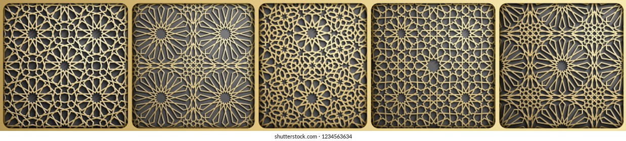 Islamic ornament vector , persian motiff . 3d ramadan islamic round pattern elements . Geometric circular ornamental arabic symbol vector . Gold background