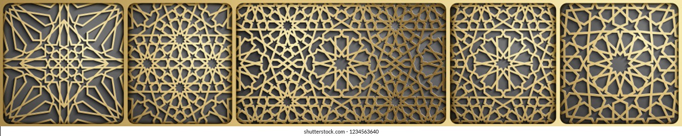 Islamic ornament vector , persian motiff . 3d ramadan islamic round pattern elements . Geometric circular ornamental arabic symbol vector . Gold background