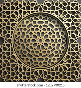 Islamic ornament vector , persian motiff . 3d ramadan islamic round pattern elements . Geometric circular ornamental arabic symbol vector . Gold background