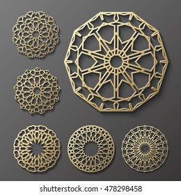 Islamic ornament vector , persian motiff . 3d ramadan islamic round pattern elements . Geometric logo template set. Circular ornamental arabic symbols vector .