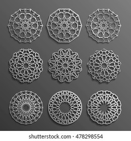 Islamic ornament vector , persian motiff . 3d ramadan islamic round pattern elements . Geometric logo template set. Circular ornamental arabic symbols vector .