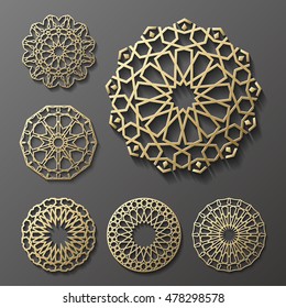 Islamic ornament vector , persian motiff . 3d ramadan islamic round pattern elements . Geometric logo template set. Circular ornamental arabic symbols vector .