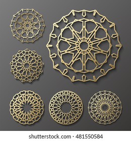 Islamic ornament vector , persian motiff . 3d ramadan islamic round pattern elements . Geometric logo template set. Circular ornamental arabic symbols .