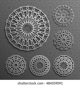 Islamic ornament vector , persian motiff . 3d ramadan islamic round pattern elements . Geometric logo template set. Circular ornamental arabic symbols .