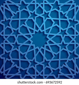 Islamic Ornament Vector , Persian Motiff . 3d Ramadan Islamic Round Pattern Elements . Geometric Circular Ornamental Arabic Symbol Vector . Blue Background