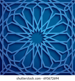 Islamic ornament vector , persian motiff . 3d ramadan islamic round pattern elements . Geometric circular ornamental arabic symbol vector . Blue background
