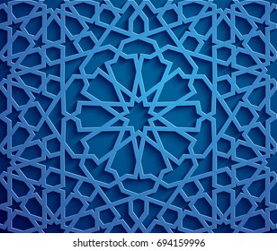 Islamic ornament vector , persian motiff . 3d ramadan islamic round pattern elements . Geometric circular ornamental arabic symbol vector . Blue background