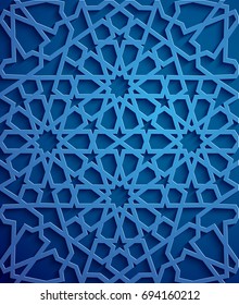 Islamic ornament vector , persian motiff . 3d ramadan islamic round pattern elements . Geometric circular ornamental arabic symbol vector . Blue background