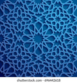 Islamic Ornament Vector , Persian Motiff . 3d Ramadan Islamic Round Pattern Elements . Geometric Circular Ornamental Arabic Symbol Vector . Blue Background