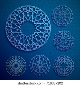 Islamic ornament vector , persian motiff . 3d ramadan islamic round pattern elements . Geometric logo template set. Circular ornamental arabic symbols vector .