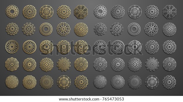 Islamic ornament vector , persian motiff . 3d ramadan islamic round pattern elements . Geometric logo template set. Circular ornamental arabic symbols vector .