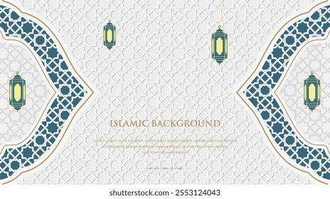 Islamic Ornamental Arabic Pattern Background With Mosque and Lanterns