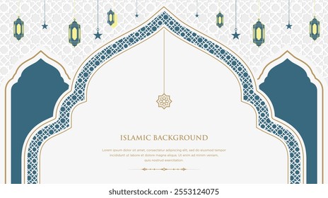 Padrão árabe ornamental islâmico fundo com mesquita e lanternas