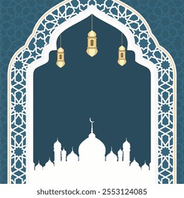 Islamic Ornamental Arabic Pattern Background With Mosque and Lanterns