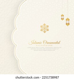 Islamic Ornamental Arabic White Background with Geometric Pattern and Lanterns