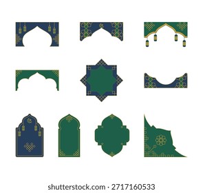Conjunto de arcos ornamentais islâmicos com formas arquitetônicas inspiradas em mesquitas com padrões geométricos, lua crescente, símbolos de estrelas e decorações de lanterna pendurada. Projetada em tons elegantes de verde e ouro, esta coleção decorativa reflete a arte islâmica tradicional e a estética do Oriente Médio. Adequado para o Eid Mubarak, celebrações do Ramadã, origens religiosas, banners, convites, cartazes e composições visuais festivas. Estilo vetor plano limpo com arcos e quadros ornamentais que destacam temas culturais e espirituais.