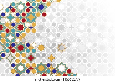 Islamic ornamental Background in color. Islamic ornamental colorful detail of mosaic. arabic, east ornament, indian ornament, persian motif, 3D.  Ramadan Kareem gold greeting card, banner