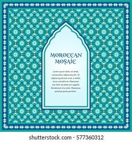 Islamic ornamental frame, window and traditional moroccan mosaic background