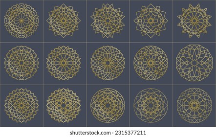 Islamic ornamental pattern templates set. Vector oriental geometric goldon symbols in 3D style.