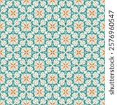 Islamic Ornamental Seamless Pattern. Oriental Style Ornament. Floral Tile Motif. Abstract Geometric Background. Golden, turquoise, orange colors. Vector illustration
