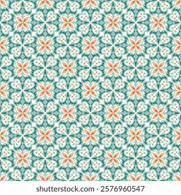 Islamic Ornamental Seamless Pattern. Oriental Style Ornament. Floral Tile Motif. Abstract Geometric Background. Golden, turquoise, orange colors. Vector illustration
