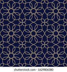Islamic ornamental seamless pattern. Vector oriental background in navy blue and gold colors.