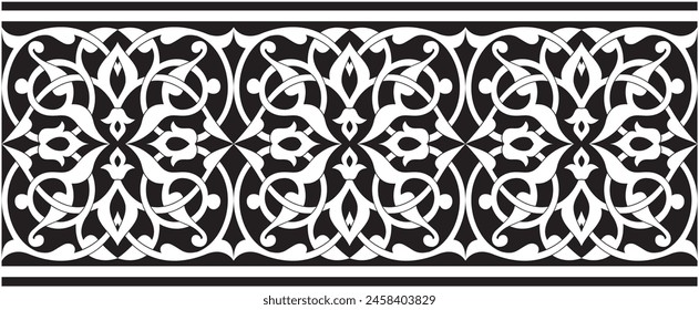 Patrón de Diseño gráfico de Vector ornamental islámico, para la ornamentación en el borde del marco, color blanco y negro. Adecuado para marcos de decoración caligráfica