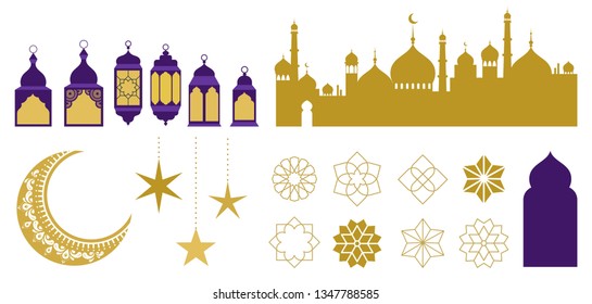 Islamic ornaments, symbols and icons. Vector illustration with moon, lanterns, patterns and city silhouette