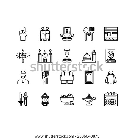 Islamic outline icon set. Islam black line icon set.