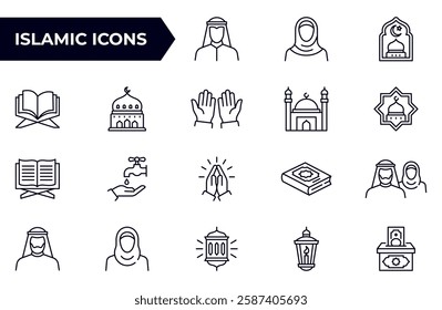 Islamic outline icon set, such as mosque, quran, carpet, ramadan and more. Editable stroke.