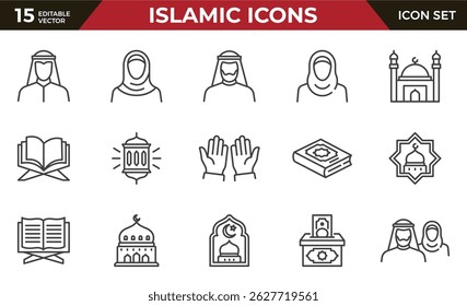 Symbolsatz für islamische Umrisse, wie Moschee, Koran, Teppich, Radan und mehr. Bearbeitbarer Strich.