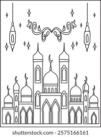 Islamic outline mosque illustration design for Ramadan Kareem and Eid Mubarak.