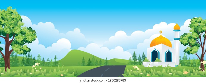 Islamic Panoramic landscape illustration, Ramadan Mubarak natural banner, mosque with beautiful rural scenery.