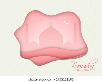 Islamic Pattern Abstract Paper Cut Background with Pink Silhouette Mosque and Crescent Moon for Ramadan Pray At Home.