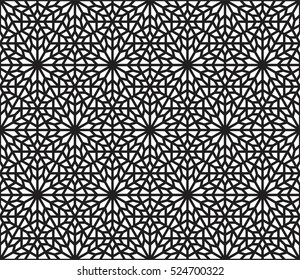 Islamic pattern, arabesque background, black and white geometric composition, stained glass design