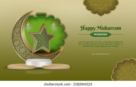 Islamic pattern background for happy Muharram celebration with crescent moon and 3d podium. Suitable for horizontal banners.