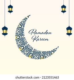 Islamic Pattern Crescent Moon With Arabic Lanterns Decorated On White Background For Ramadan Kareem Concept.