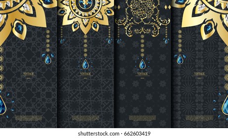 Islamic pattern element concept template with emerald vintage dark background and logo vector design, inclusive of pattern swatch