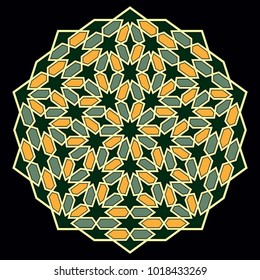 Islamic pattern. Geometric lattice mandala in arabic style. Oriental ornament. Mosque decoration element. Muslim mosaic. Arabesque.  Coloring book page. Persian motifs.