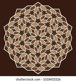 Islamic pattern. Geometric lattice mandala in arabic style. Oriental ornament. Mosque decoration element. Muslim mosaic. Arabesque.  Coloring book page. Persian motifs.