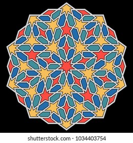 Islamic pattern. Geometric lattice mandala in arabic style. Oriental ornament. Mosque decoration element. Muslim mosaic. Arabesque.  Coloring book page. Persian, moroccan motifs.