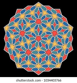 Islamic pattern. Geometric lattice mandala in arabic style. Oriental ornament. Mosque decoration element. Muslim mosaic. Arabesque.  Coloring book page. Persian, moroccan motifs.